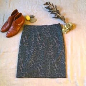 Leopard Print Knit Pencil Skirt, Gray, Exposed Back Zip, size 6